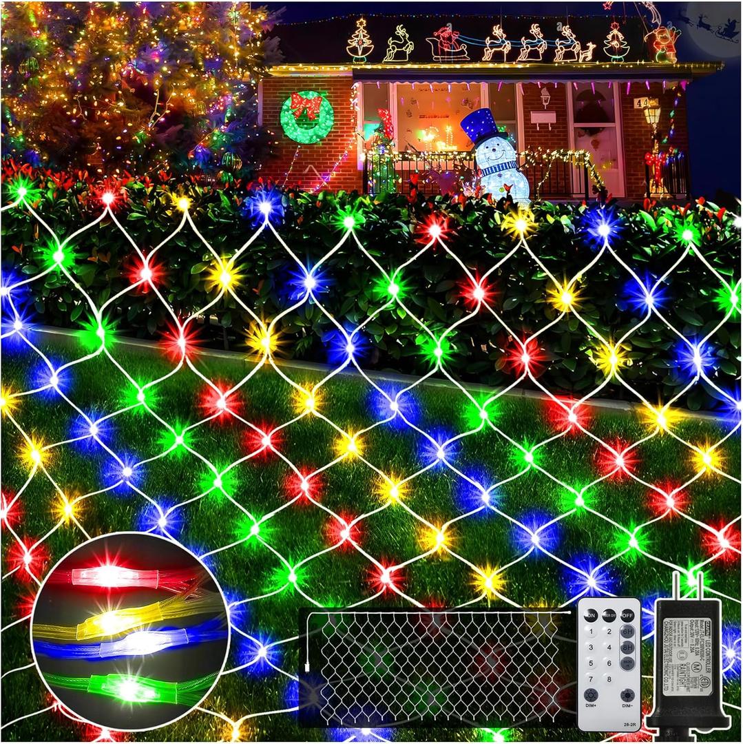 KNONEW Christmas Net Lights 420 LEDs 13ft x 6.6ft Outdoor Mesh Lights Connectable Waterproof 8 Modes & Timer Plug-in Net Fairy Lights for Bushes Garden Party Wedding Holiday,Multicolor