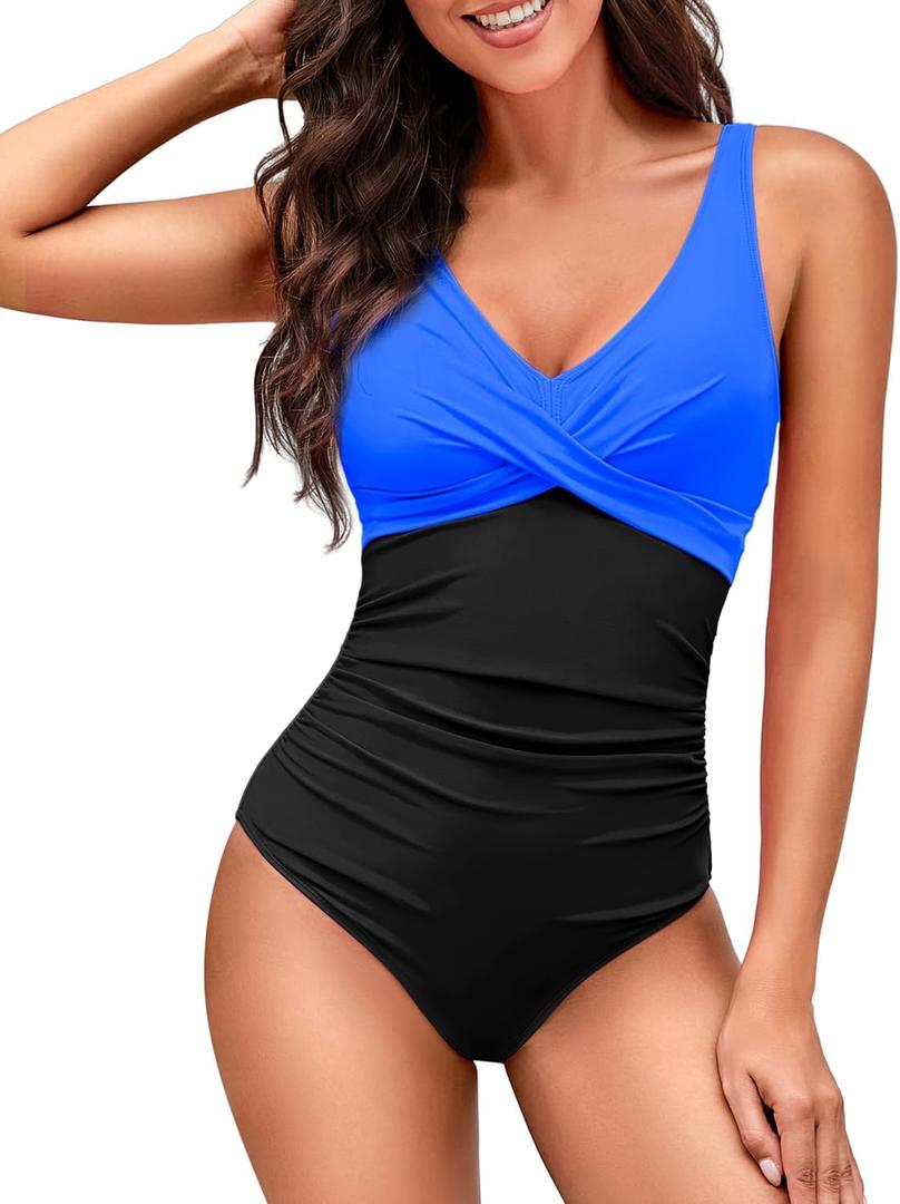 HEYTALALA Women's One Piece Swimsuits Tummy Control Push Up Bathing Suits Wrap V Neck Cutout Tie Back Slimming Swimwear (Blue Black)