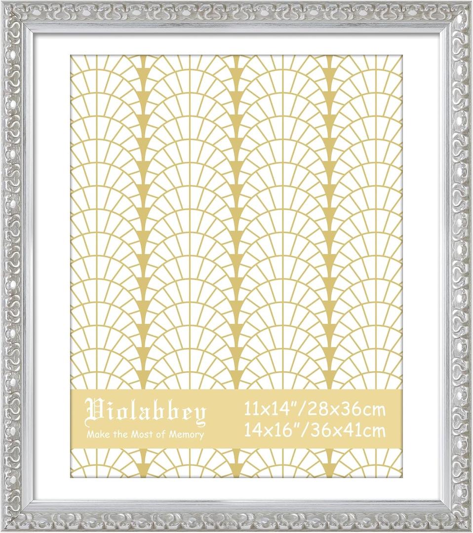 VIOLABBEY 14x16 Picture Frame Silver, Ornate Vintage Photo Frame | Displays 11x14 Photos with Mat or 14x16 Photos without Mat, Classic Antique Picture Frame for Wall or Tabletop Display