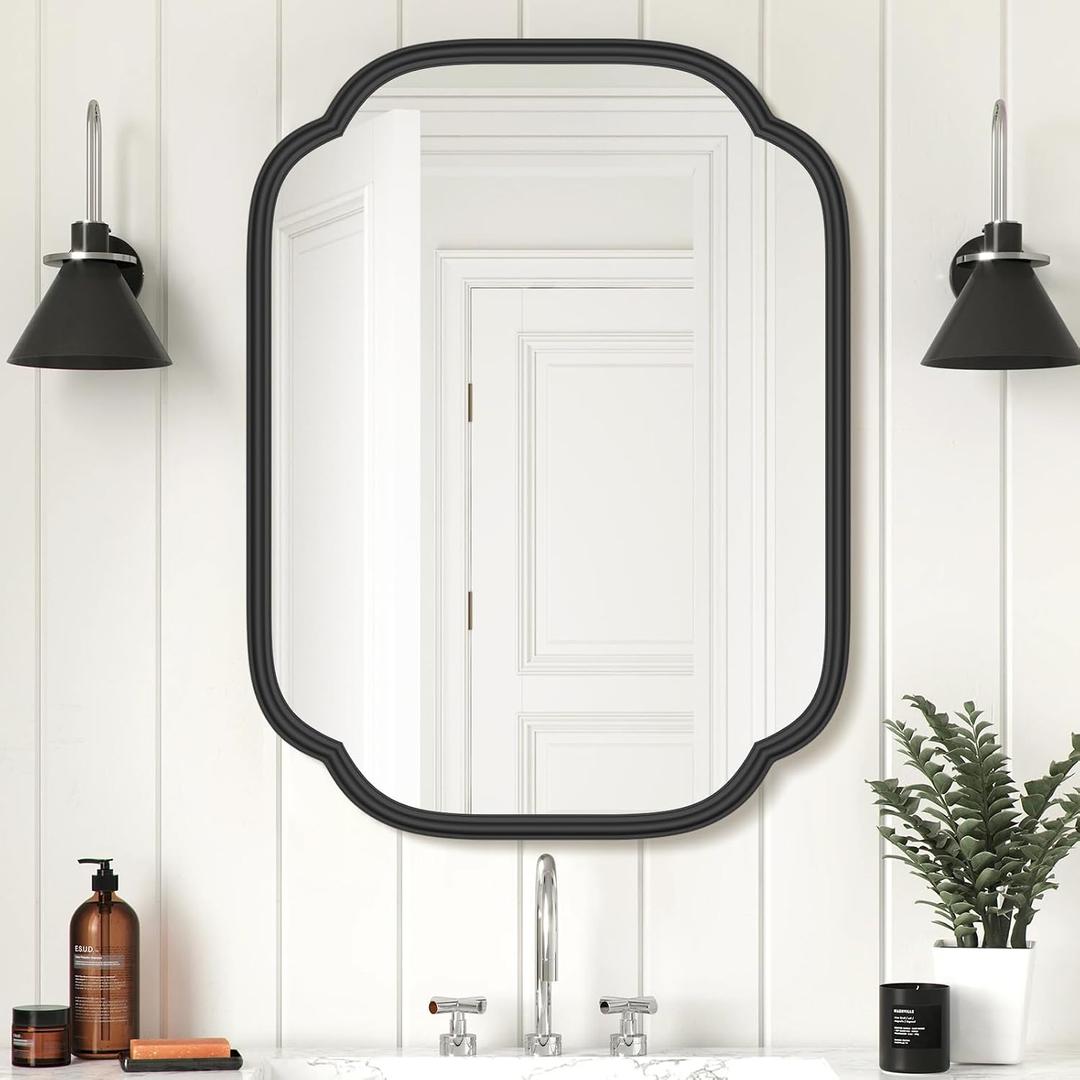 Ferytange Black Bathroom Mirror for Wall, 18" x 24" Rectangular Wall Mirror for Bathroom Metal Frame Farmhouse Rounded Corner Wall Mirror (Horizontal/Vertical)