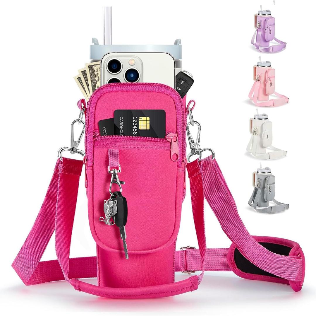 linmaya Water Bottle Carrier Bag with Phone Pocket for Stanley Cup 40/30oz,Insulated Neoprene Water Bottle Holder Cross-boday Bag with Adjustable Shoulder & Handheld Strap Stanley Cup Accessories (40OZ, Hot Pink)