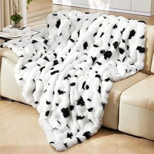 PLUUSHUU Faux Rabbit Fur Bubble Blanket, Fluffy Fuzzy Warm Throw Blanket for Couch, Soft Cozy Shaggy Plush Furry Blanket, Luxury Decorative Gifts for Sofa Bedroom Living Room, 60x50inch (Cow Color)