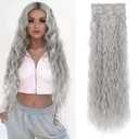 Flufymooz Clip In Hair Extensions,6PCS Hair Extensions Long Mermaid Waves Wavy Synthetic Clip On Hairpiece For Women 24 Inch (Grey/Silver/White Mixed)