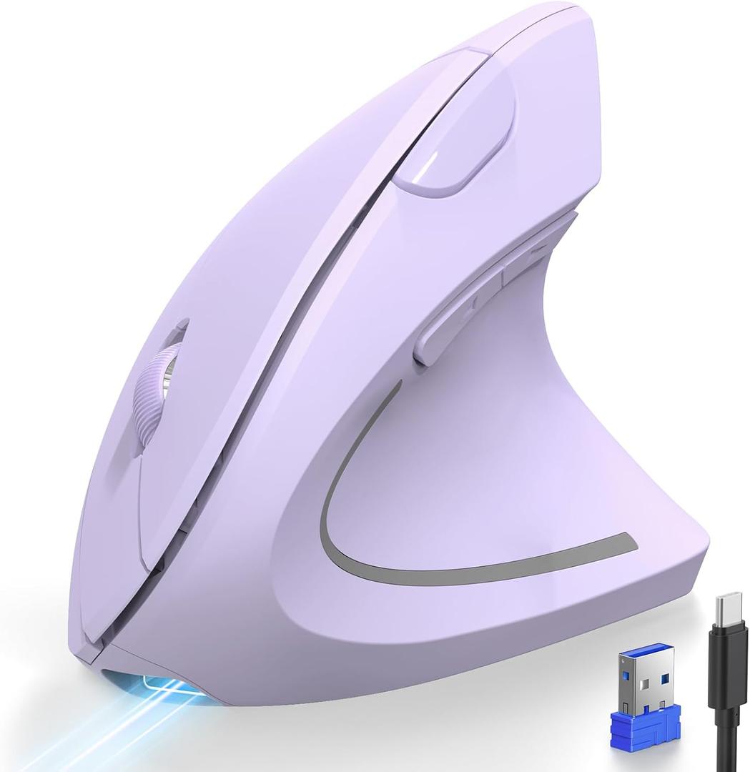 TECKNET Ergonomic Mouse, Rechargeable 2.4G+Bluetooth Vertical Mice 6 DPI Adjustable, Wireless Optical Carpal Tunnel Mouse Right Hand, Multi Device for Laptop, PC, Computer, MacBook - Light Purple