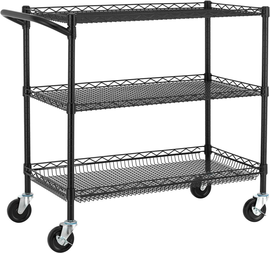 Finnhomy 3 Tier Heavy Duty Commercial Grade Utility Cart, Wire Rolling Cart with Handle Bar, Steel Service Cart with Wheels, Kitchen Carts on Wheels, Metal Cart Shelf Size 18" D x 36" W, NSF, Black
