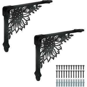 SUPERDANT 2 Pack Shelves Brackets Sunflower Heavy Duty Metal Shelf Decorative Wall Shelf Black Iron Shelving Bracket for Kitchen Bookshelf Fireplace Mantel Corbels Corner Brace Gifts 8.3x6.8in