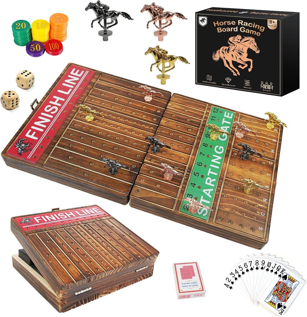 FUNNYB&G 21 inches Horse Race Board Game Foldable Large Horse Racing Game for Adults with 11 Metal Horses, Solid Wood 60 Pcs Poker Chips 2 Dice 1 Pack of Cards for Family Tabletop Parties(Brown)