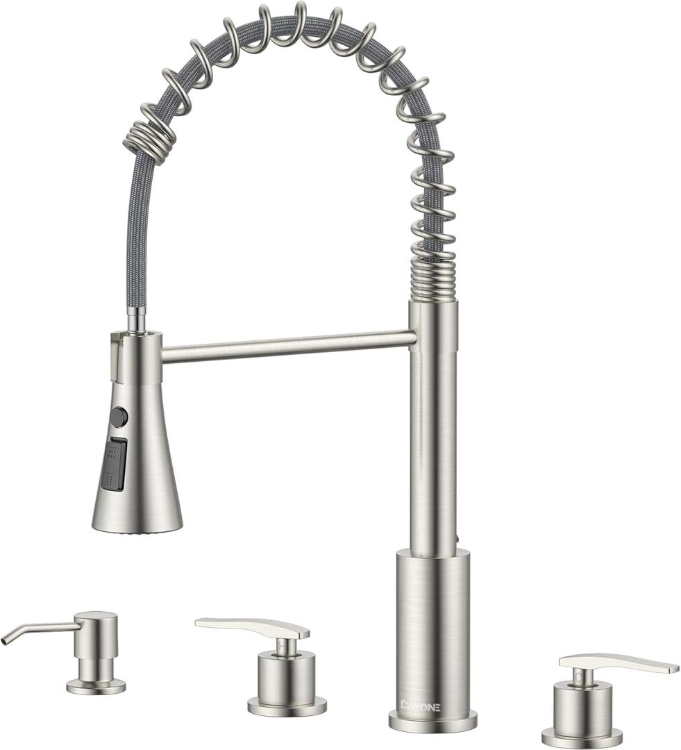 DAYONE 4 Holes Kitchen Faucet Brushed Nickel, Commercial 3 Hole Kitchen Sink Faucet with Soap Dispenser, 2 Handle High Arc Stainless Steel Faucet for Sink