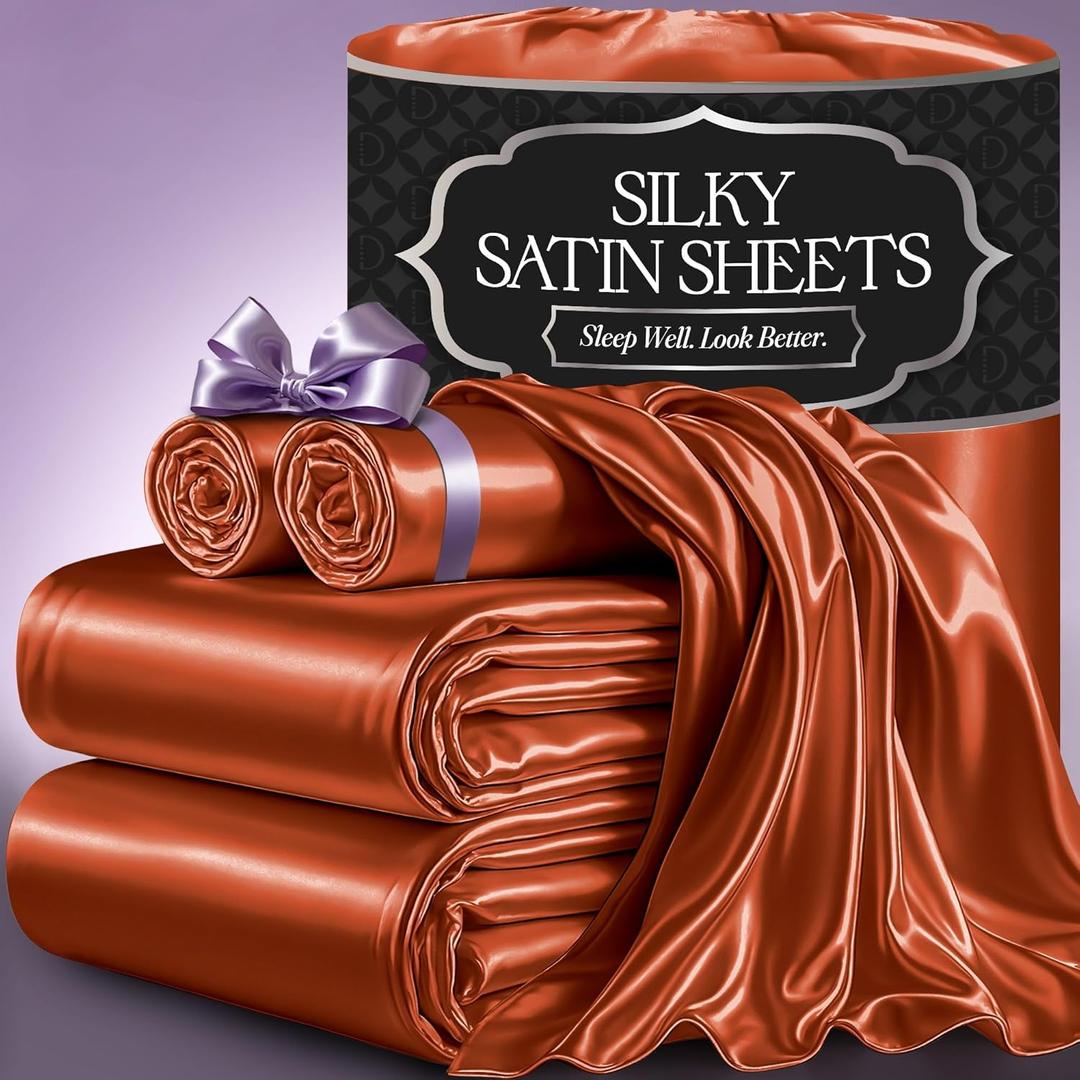 DECOLURE Satin Bed Sheets - 4 Piece Luxury Silky Queen Size Bedding Set - Softer Than Silk, Wrinkle-Free with 15 Deep Pocket Fitted Sheet, Perfect for Hair & Skin, Gifts for Women (Burnt Orange)