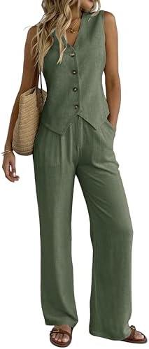 Women's 2 Piece Outfits Linen Vest Waistcoat Dressy Casual Sets Wide Leg Pants Suits, Size Medium
