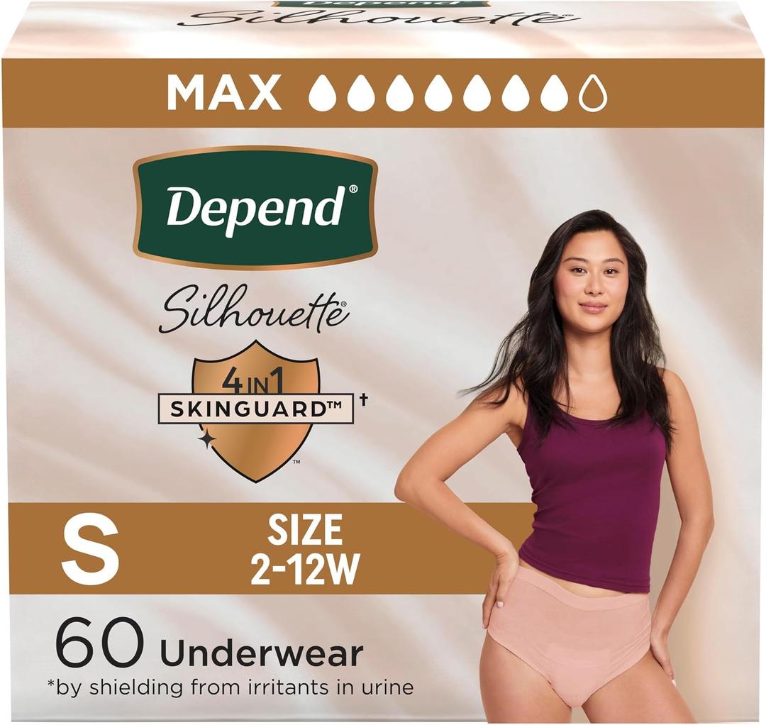 Depend Silhouette Adult Diapers, Incontinence & Postpartum Bladder Leak Underwear for Women, Maximum Absorbency, Small, Pink, 60 Count (2 Packs of 30)