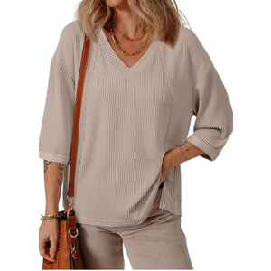 EVALESS Womens Summer Tops Trendy Dressy Casual 3/4 Sleeve Loose Solid Textured Tunic Tops Blouses Oversized T Shirts, Size: M