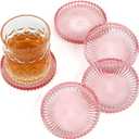 Modern Clear Pink Glass Coasters Set of 5 - Crystal Coasters for Drinks, Round, 4 Inch, Dishwasher Safe