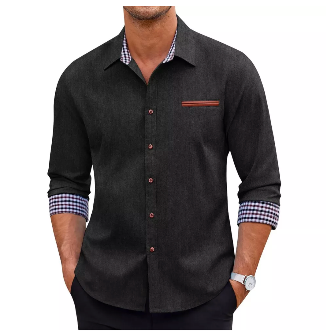 COOFANDY Men's Casual Dress Shirt Button Down Shirts Long-Sleeve Plaid Collar Denim Work Shirt Black XXL