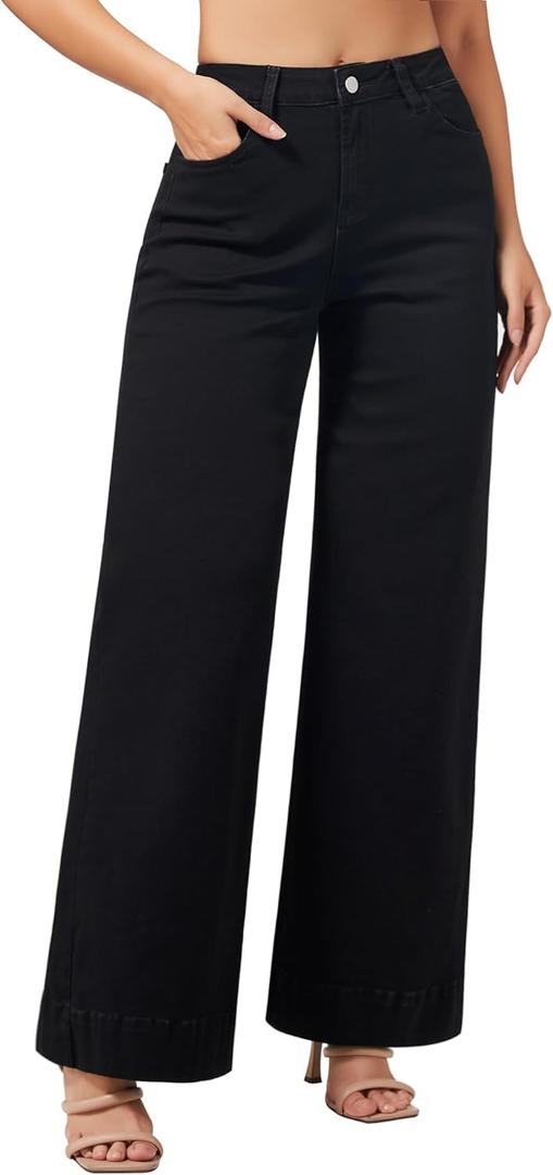 roswear Women's Wide Leg Jeans Casual High Waisted Stretchy Baggy Loose Long Trouser Jeans (X-Large, Black)