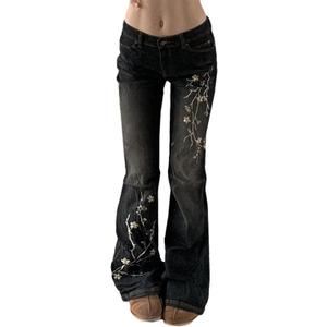Women Bell Bottom Jeans Stretchy Flare Mid Rise Embroidery Vintage Denim Pants 90s Outfits Y2k Clothes (Black, XS)