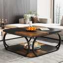 Tribesigns Square Coffee Table with 2 Tiers, 40 inches Low Farmhouse Coffee Table with Wood Storage Shelf Heavy Duty Metal Curved Frame for Modern Living Room, Black Rustic Brown