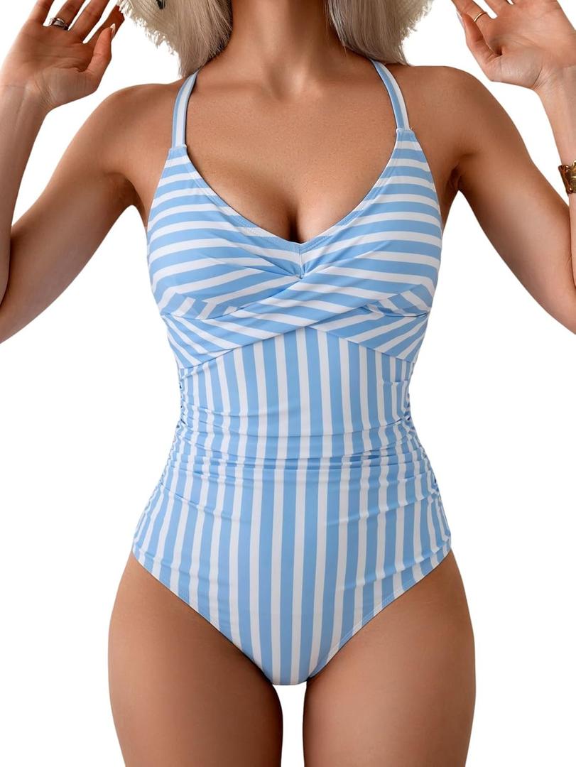 B2prity Women's One Piece Swimsuits Tummy Control Front Cross Bathing Suits Tie Back Slimming V Neck Swimwear (X-Large, Blue and White Stripe)