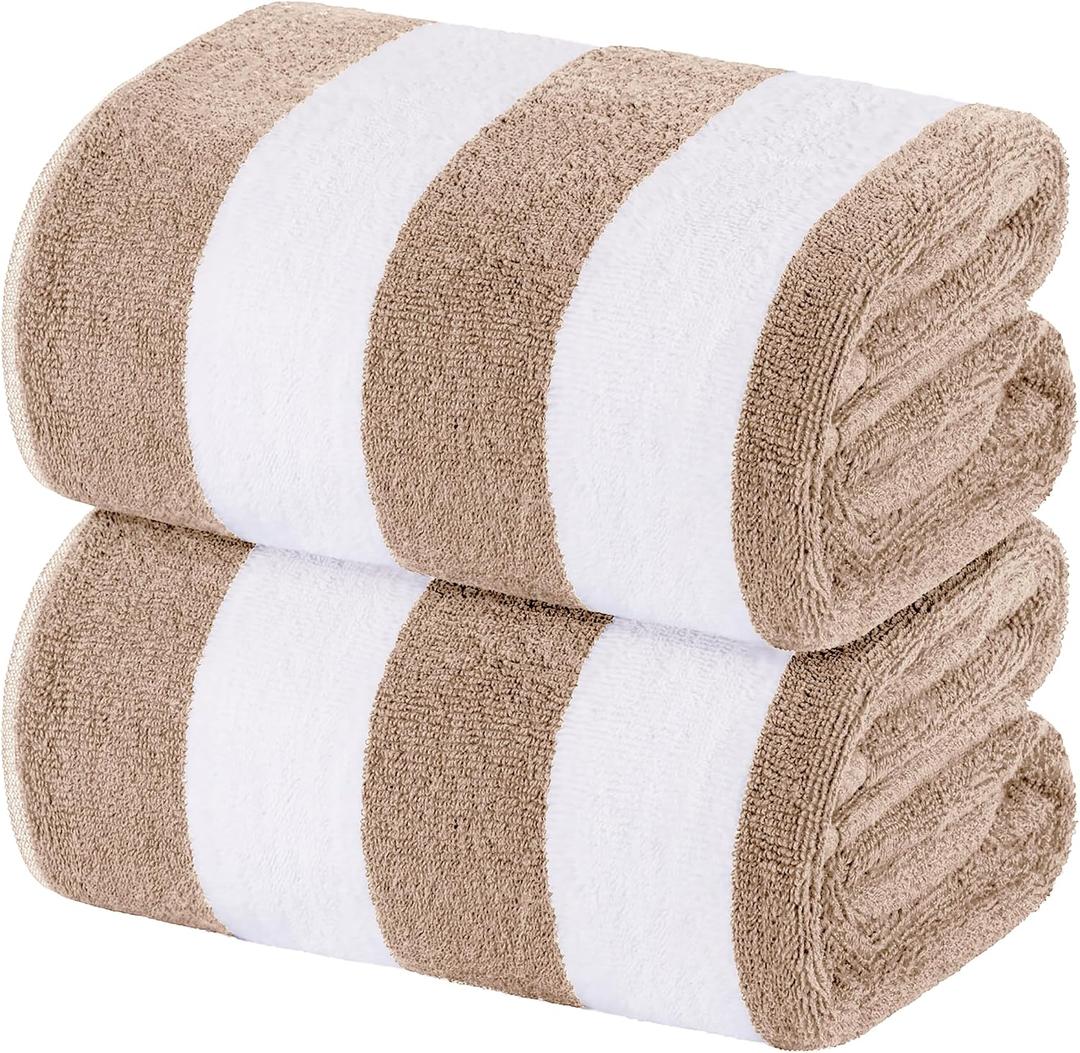 White Classic Beach Towels Oversized Cabana Stripe Cotton Bath Towel Large - Luxury Plush Thick Hotel Swim Pool Towels for Adults Super Absorbent Quick Dry - 35x70 Beige [2 Pack]