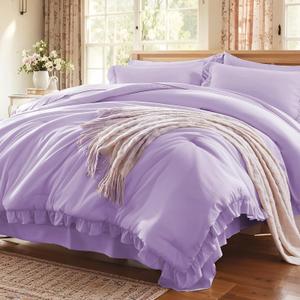 Anluoer Twin Comforter Set 5 Piece, Lavender Bed in a Bag with Sheets, All Season Ruffle Shabby Chic Bedding Sets with Comforter, Pillow Sham, Pillowcase, Flat Sheet, Fitted Sheet