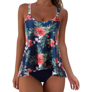 SUUKSESS Women Ruffle High Waisted Tankini Swimsuit Tummy Control Bathing Suit (Large, 80 Tropical Floral Navy Blue)