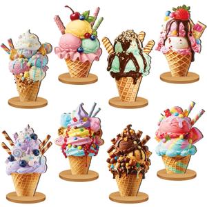 Amyhill 8 Pcs Summer Ice Cream Table Decorations Wooden Ice Cream Cone Table Centerpiece Sundae Party Decorations Toppers for Summer Theme Bridal Wedding Graduation Birthday Favor Supplies (Soft Color)