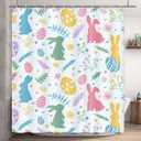 Homewelle Happy Easter Shower Curtain Multicolor Cute Rabbit and Egg Farmhouse Spring Plant Flower Leaves Floral Bunny 60Wx72H Inch Funny Cartoon Waterproof Polyester Fabric Bathroom Bathtub