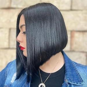 Liyouda Black Bob Wig Middle Part Inverted Bob Synthetic Bob Lace Front Wigs for Black Women Straight Lace Bob Wigs Short Bob Hair Wigs Angled Bob Cut Wig for Women