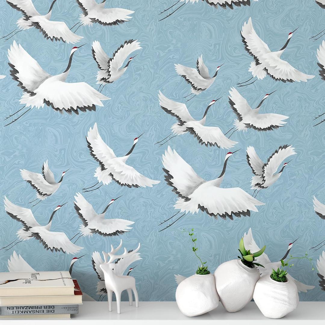 Peel and Stick Wallpaper for Home Decoration Kitchen White Crane Blue Wallpaper Removable Vinyl Self Adhesive Shelf Paper & Drawer Liner Roll House, Workshop & Office 17.3" x 394" TH8096-10