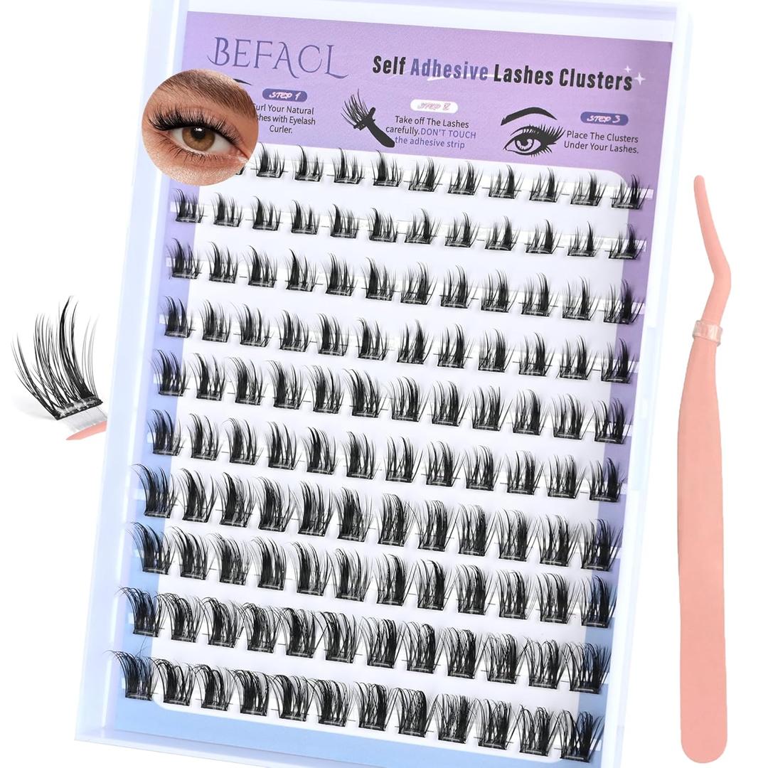 Self Adhesive Eyelash Clusters Press on Lash Clusters Pre glued Lashes Wispy Lash Extensions No Glue Needed Manga Lashes Clusters Natural Cluster Eyelash Extensions Kit with Tweezers (8-18mm,C Curl)