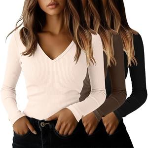 Ficerd 3 Pack Women's Long Sleeve T Shirts Cotton V Neck Slim Fit Tops Ribbed Knit Layering Casual Basic Tees 2025 Fall medium