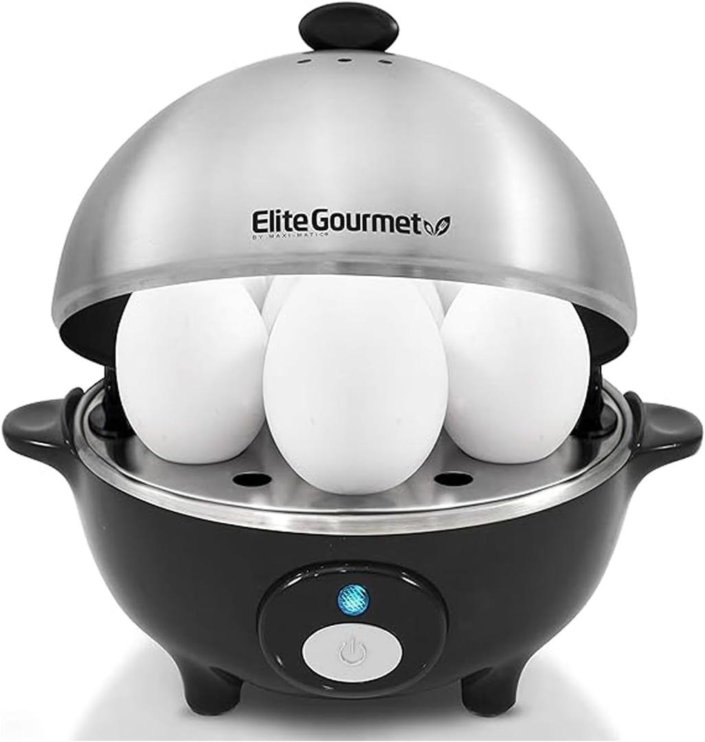 Elite Gourmet EGC-508 Rapid Egg Cooker, 7 Easy-To-Peel, Hard, Medium, Soft Boiled Eggs, Poacher, Omelet Maker, Auto Shut-Off, Alarm, 16-Recipe Booklet, Stainless Steel