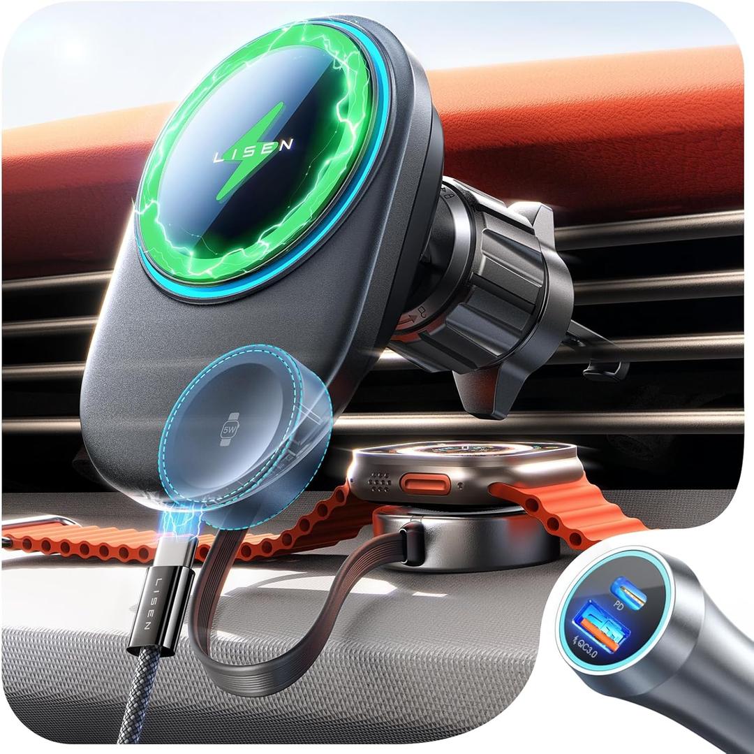 LISEN for 18W Magsafe Car Mount Charger, 2 in 1 Fast Charging Station Retractable Apple Watch Car Charge, Magnetic Wireless Car Charger Fit iPhone 16 Pro Max 15 14 13 and All Apple Watch SE Ultra