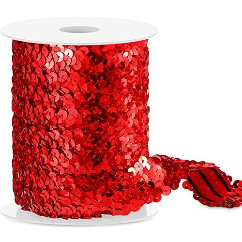 Chuangdi 11 Yard 1 Inch Elastic Sequins Trim 3 Row Flat Glitter Sequin Bling Fabric Paillette Ribbon Trim Metallic Stretch Crafts Elastic Lace for Dress Embellish(Red)