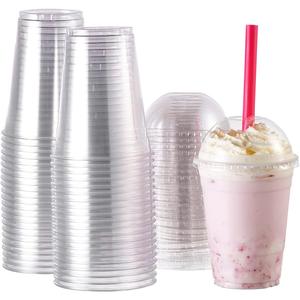 [100 Sets-16 oz.] Plastic Cups With Dome Straw Slot Lids PET Crystal Clear Disposable Togo Cup BPA Free For Party Ice Cold Drinks Coffee Tea Parfait Dessert Smoothie Bubble Boba Fruit Milkshake Slush