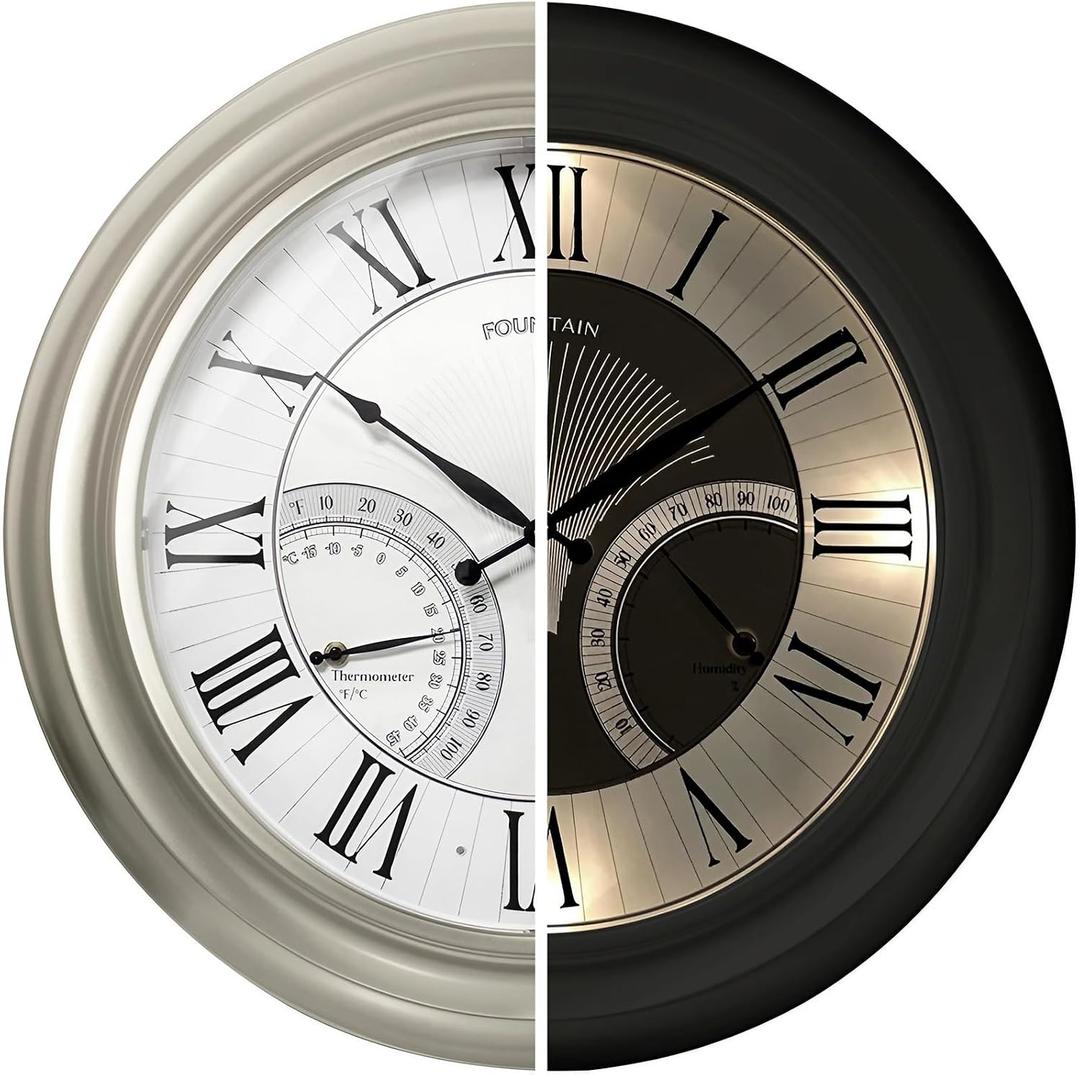 24 Inch Outdoor Clocks Waterproof, Self-Illuminated Large Outdoor Clock with Thermometer and Hygrometer Combo for Patio,Pool and Garden Decor,Roman Numeral,Morning Silver