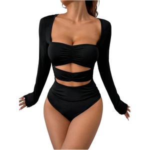 SHENHE Women's Cut Out Long Sleeve Bodysuit Dressy Ruched Party Concert Leotard Top Clubwear (Medium, Black)