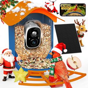 PeckCam Smart Bird Feeder with Camera 2K HD Auto Detect & Notify, AI Identify 10000+ Birds Camera with Solar Panel 5 Perch Attachments Wireless Outdoor Birdwatching Gift for Birds Lover, Orange