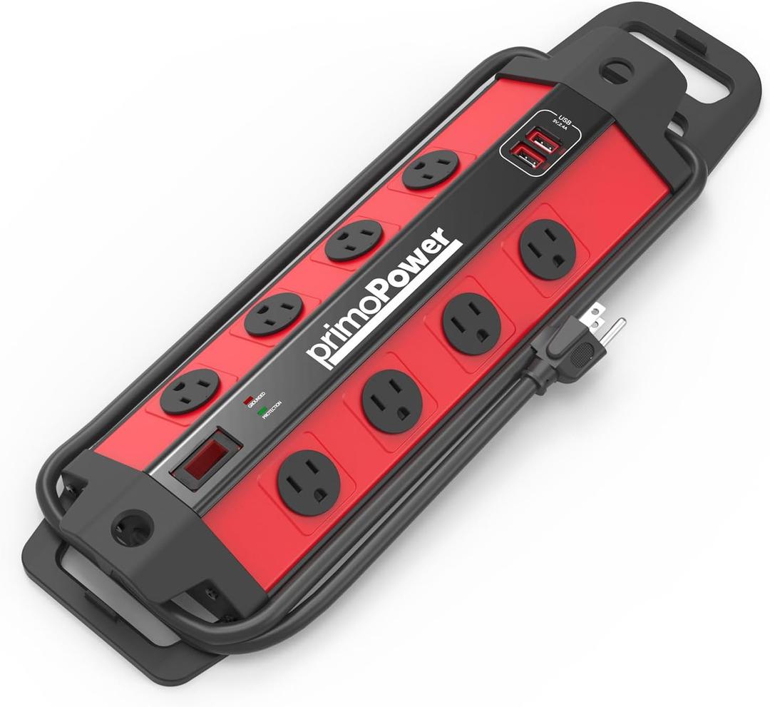 Metal Workshop Surge Protector Power Strip with 2 USB Ports - 8 Spaced Outlets, 500J Surge & Overload Protection, 4FT 14AWG Cord, Rugged Metal Housing, 125V/15A/1875W, Ideal for Indoor Workshop