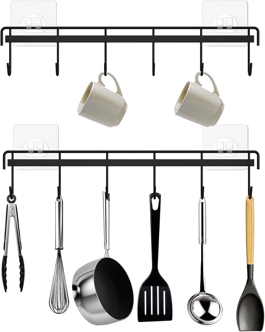 Kitchen Utensil Hanger, Adhesive Utensil Holder Wall Mount Kitchen Rack Rail with 12 Hooks, Space Saving and No Drilling, Black, 2 Pcs