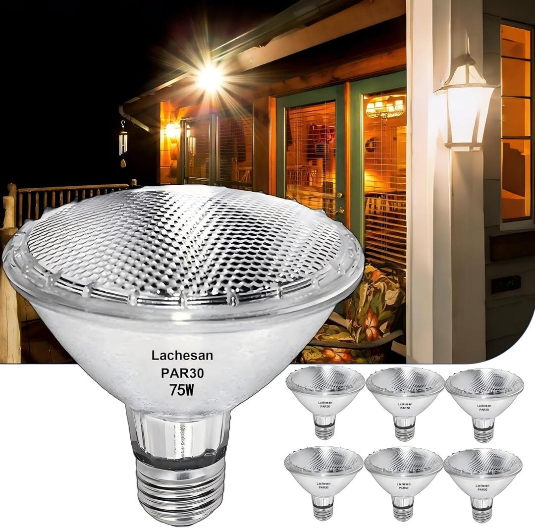 Par30 Short Neck Halogen Flood Light Bulbs, 75W120V 2700K Warm White Dimmable High Brightness, E26 Base, Great for Accent Lighting, Tracking, Recessed Bulb, 6pcs