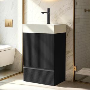 Fashionable Striped 20 inch Bathroom Vanity with White Ceramic Sink, Freestanding Modern Storage Cabinet with Soft-Closing Door 1 Drawer, for Small Bathroom, Powder Room, Hotel Black