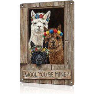Romantic Farmhouse Wall Decor Metal Tin Sign - Wool You Be Mine Llama Art - Cute Alpaca Gift for Valentines Day, Wedding, or Bedroom Decoration 8x12 inch (20X30cm(12x8in))