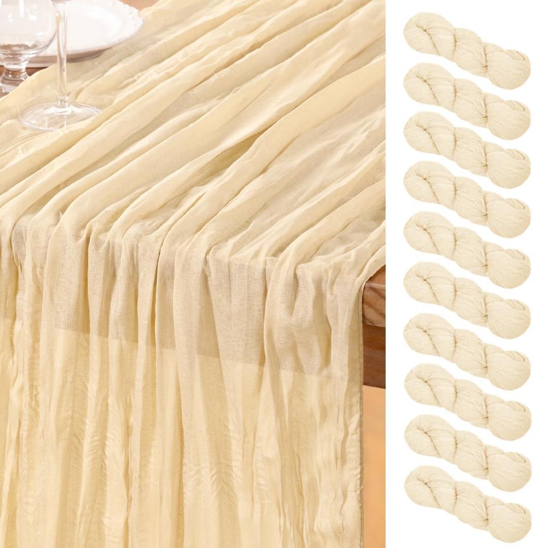 DeZerlor Beige Cheesecloth Table Runner 10 Pack Spring Easter Table Runners 120 Inches Boho Gauze Cream Cheese Cloth Table Decor for Wedding Bridal Baby Shower Parties
