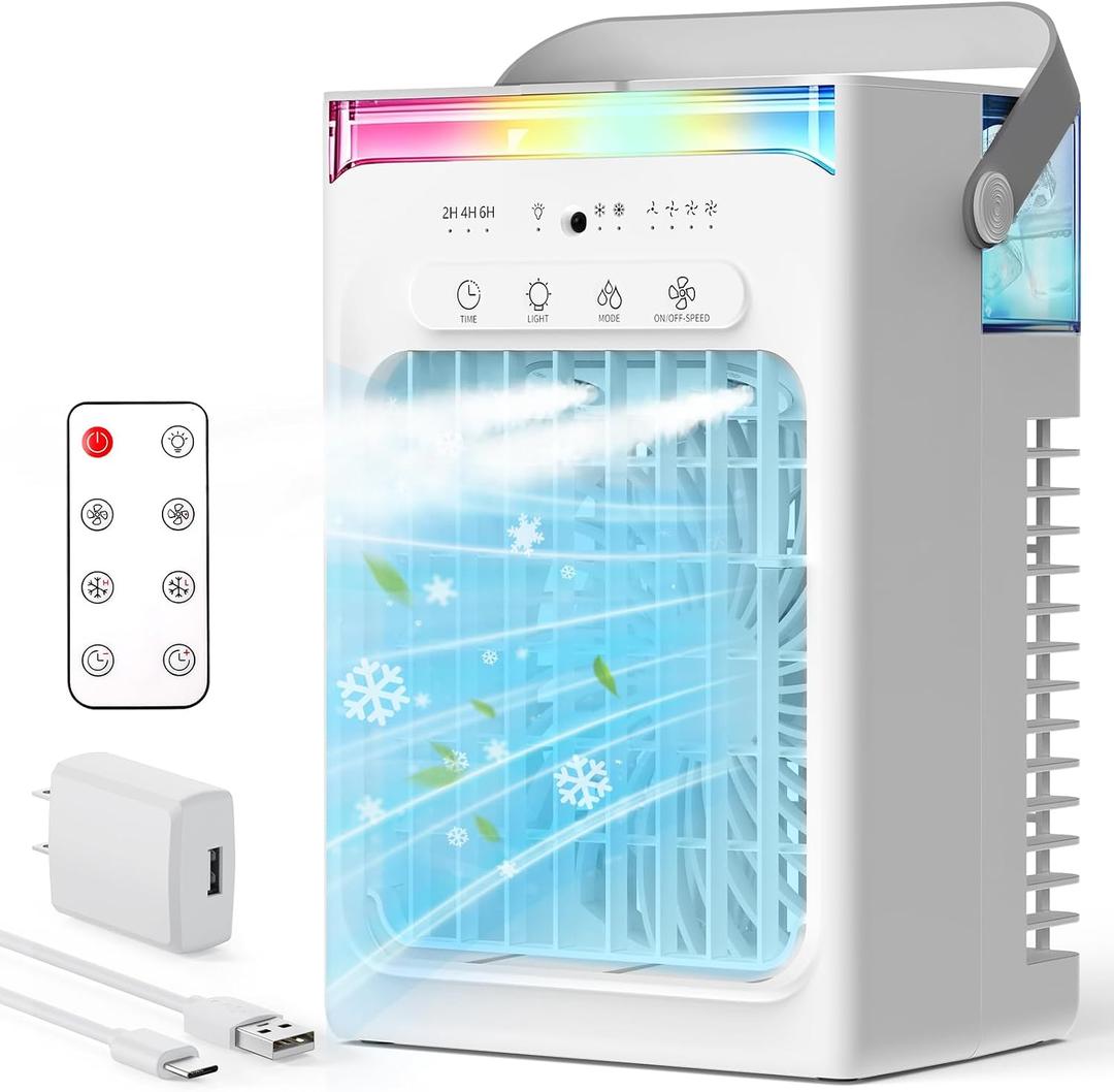 Portable Air Conditioners, Mini Personal Evaporative Cooler with Remote, 2 Mist Modes, 4 Wind Speeds, 1100 ML Water Tank, 2/4/6H Timer, Colorful Light, USB-C Powered Cooling Fan for Room Office Car, XL