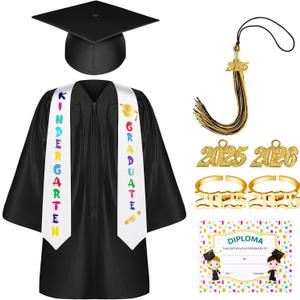 Sasylvia Kindergarten Preschool Graduation Gown Cap Set with 2025 Tassel Graduation Stole Rings Certificate for Toddler Kids (Size 33, Black)