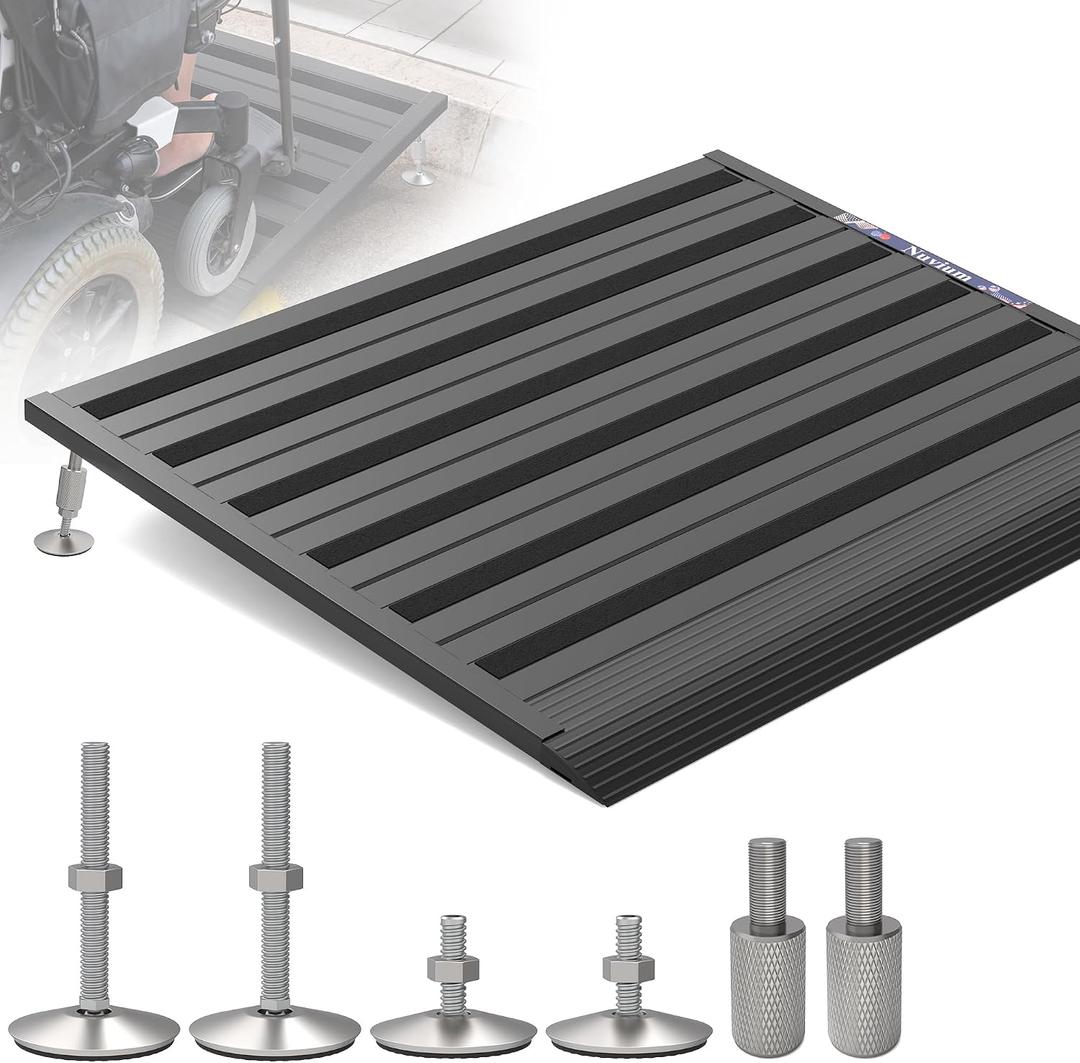 Threshold Ramp for Doorways,Adjustable Height 2.6"-7.3" Aluminum Wheelchair Ramp with Heightening Screws and Swivel Angle Leg,1100lbs Load Capacity, 30"x36'' Curb Ramp for Trolley,Power Chairs