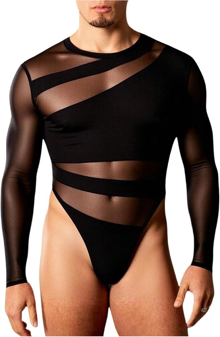 OYOANGLE Men's Long Sleeve Sheer Bodysuit Crew Neck Slim Fit Mesh Shirt Y2K Party Clubwear Streetwear (Large, Black)