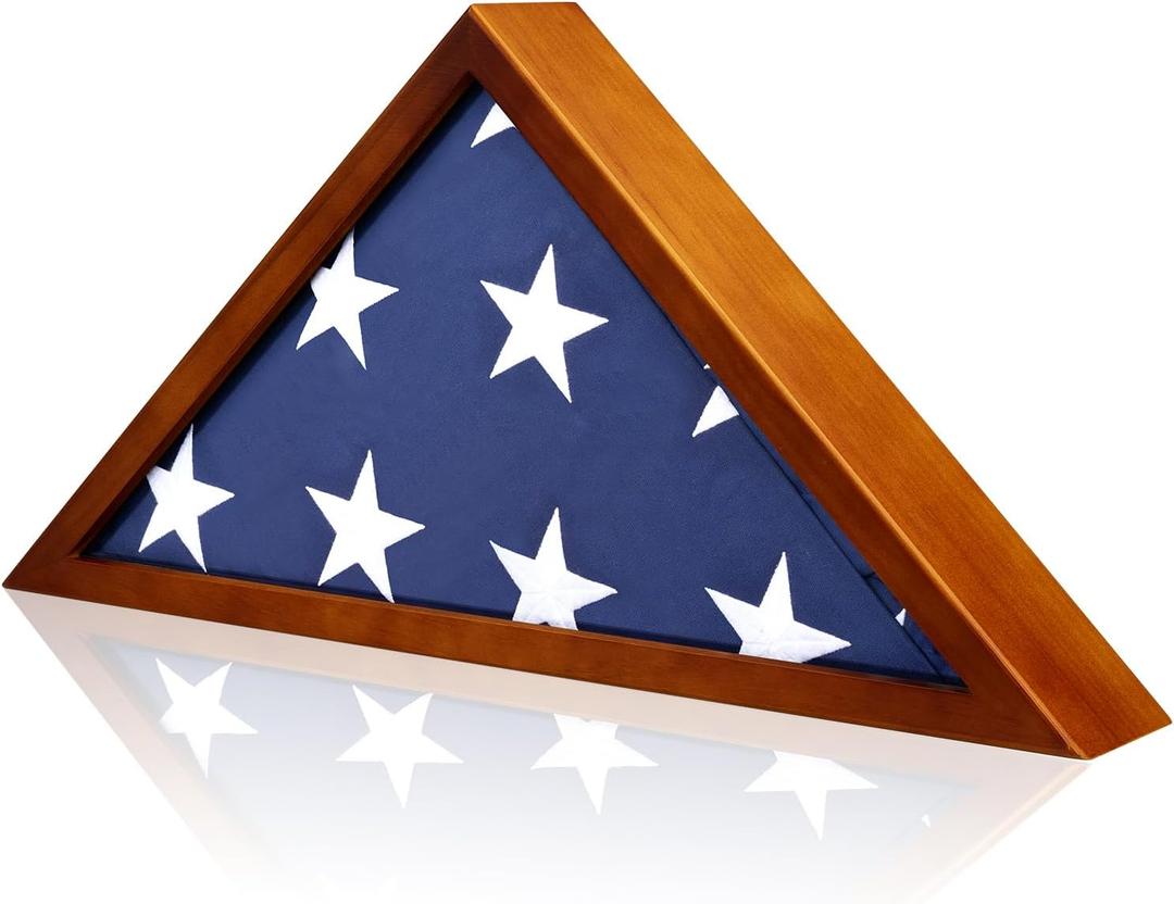 Flag Display Case for 5x9.5 ft American Veteran Burial Flag, Brown Wooden Frame Case Set, Triangle Solid Shadow Box with Wall Mount and Acrylic Front