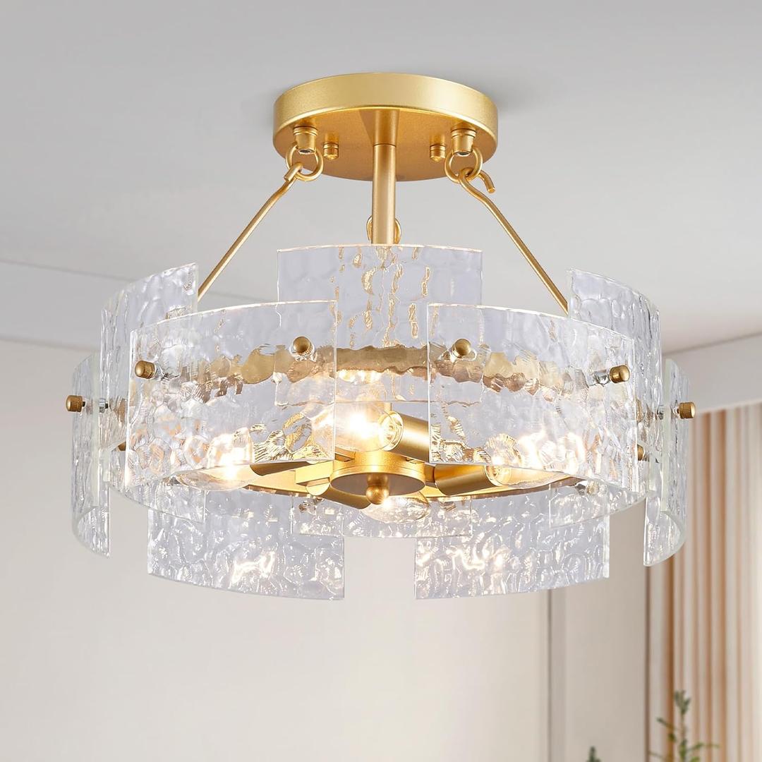 XINGQI Modern Gold Ceiling 4-Light Farmhouse Water Ripple Glass Ceiling Lighting Fixture 15.7" Drum Ceiling Lights for Bedroom Dining Room Living Room Hallway Entryway Closet